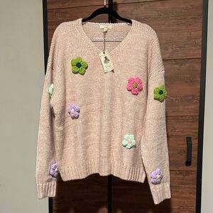 Easel Beige V-Neck Sweater with Floral Accents